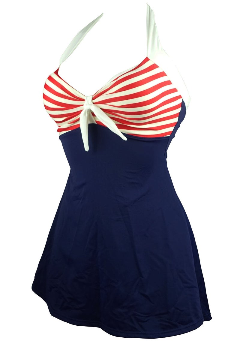COCOSHIP Navy Blue & Red White Striped Vintage Sailor Pin Up Swimsuit One Piece Skirtini Cover Up Swimdress M(US8) - Image 2